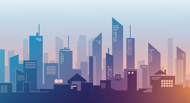 Modern Cityscape Skyline with Tall Buildings at Dusk.