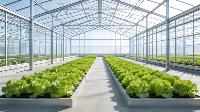 Greenhouse with rows of lettuce