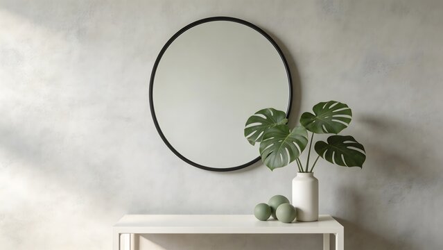 Minimalist interior with mirror and plant