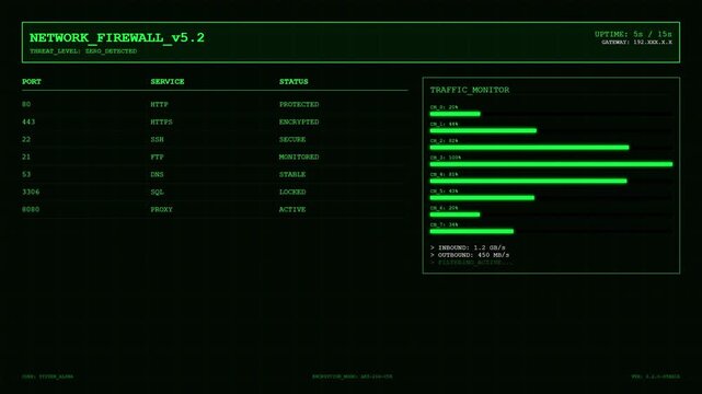 Network Firewall Dashboard and Cybersecurity Traffic Monitor Interface.