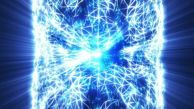 Electric blue energy network with glowing connections, abstract lightning web forming dynamic digital structure, intense light burst, futuristic technology motion.