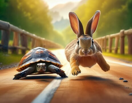 a whimsical scene capturing a rabbit and a turtle in a playful race reminiscent of the classic fable the image blends humor and nature highlighting the contrast between speed and patience