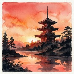 Naklejka premium A serene pagoda stands on a hill overlooking a peaceful lake at sunset in China.
