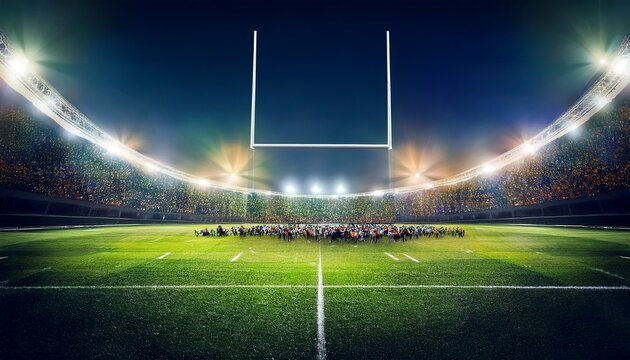 bright rugby stadium lights illuminate nighttime match with large enthusiastic crowd green grass field and rugby goal posts in a photorealistic wide angle view of sports event atmosphere