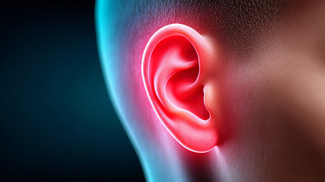 Medical 3D illustration of a human ear highlighted with a glowing red aura to represent earache, inflammation, or tinnitus. A conceptual visual for hearing health and audiology treatments.