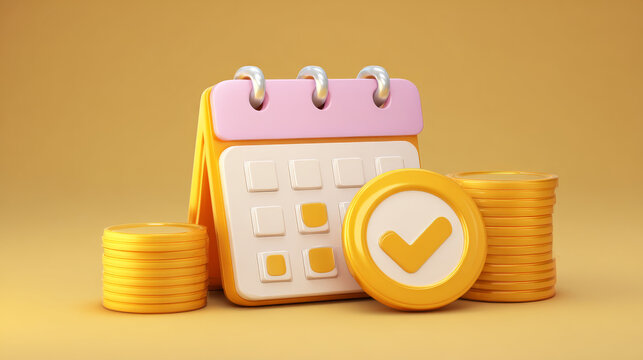 3D Calendar with monthly or daily payment date. Pay day reminder. Subscribe to membership. Calendar with money coin and check mark. Cartoon creative design icon isolated on background. 3D Rendering