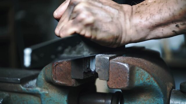 Artisan's rugged hands tirelessly chisel a gleaming metal workpiece in a bustling workshop, crafting with grit and precision