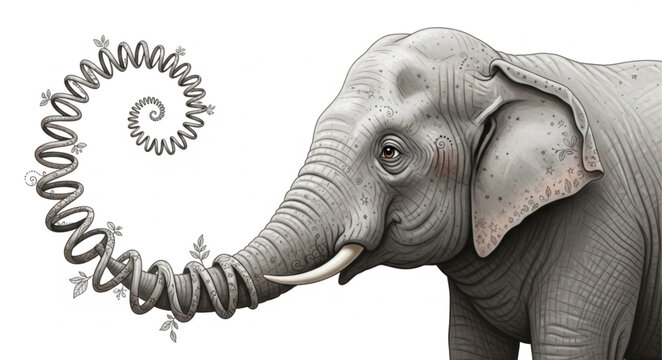 Elephant with spiral trunk and abstract elements.