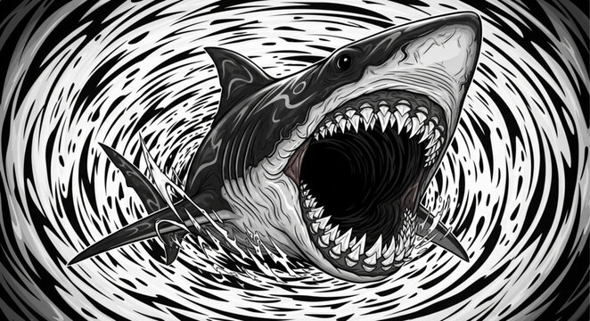 Fierce Great White Shark with Mouth Open and Sharp Teeth.