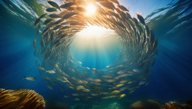school of fish forming a circular pattern beneath sunlit ocean water concept of marine life unity and underwater ecosystem