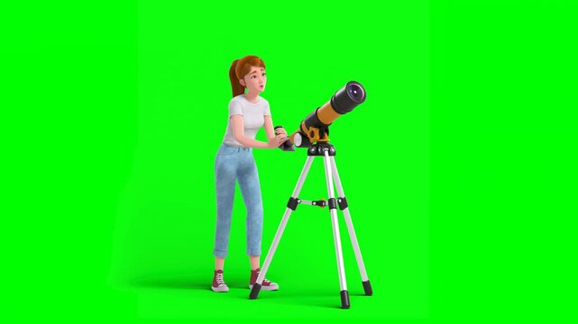 3D Animated Cartoon Woman Observing Celestial Objects Through Telescope, Gets Amazed on Green Background
