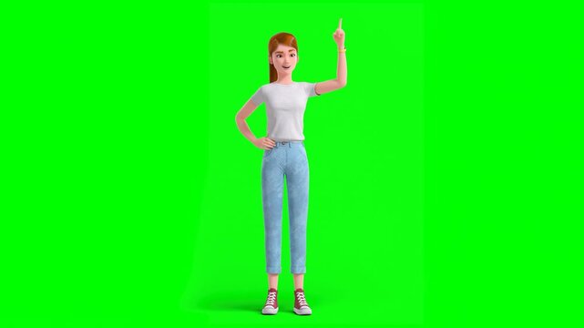 3D Animated Cartoon Woman in Casual Outfit Standing Upright With Raised Index Finger, Giving Speech With Various Hand Gestures. Green Screen.