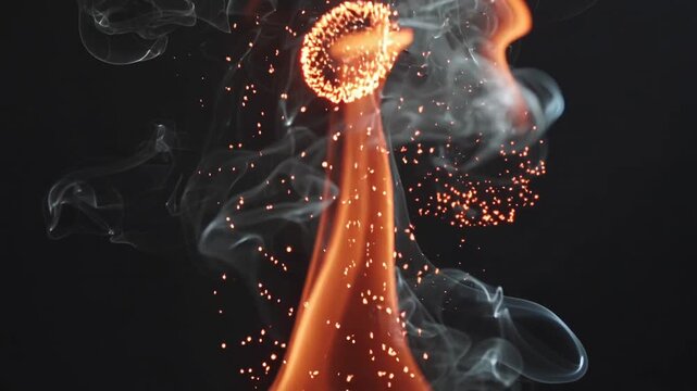 Ascending flame spirits weave through wisps of smoke, scattering golden sparks and bright glowing spheres