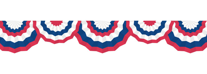 Paper fans and stars in American colors seamless border. Half Circle bunting garlands red, white, and blue.patriotic decoration. July 4, independence day. for design poster, © Alyona
