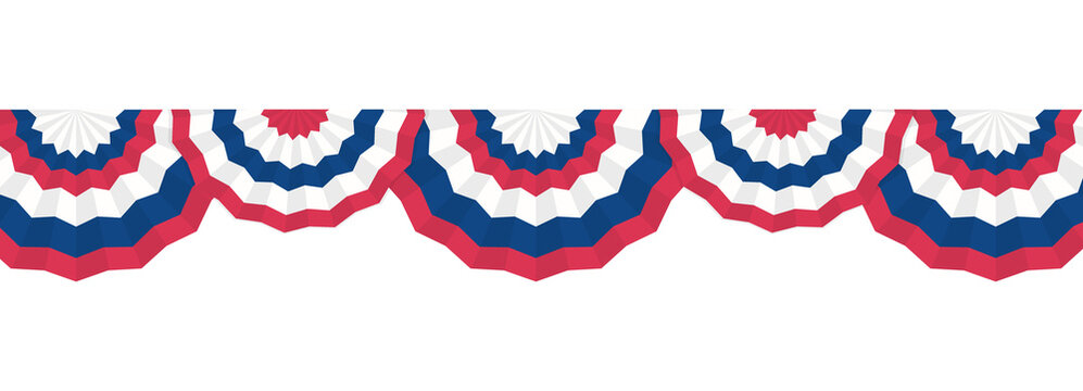 Paper fans and stars in American colors seamless border. Half Circle bunting garlands red, white, and blue.patriotic decoration. July 4, independence day. for design poster,