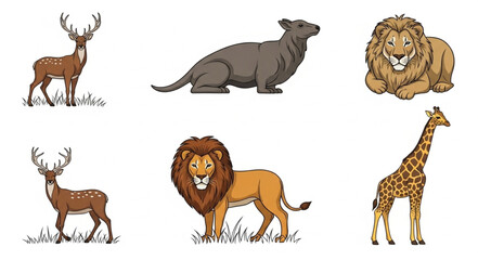 Collection of six different cartoon animals on a white background. © Aji