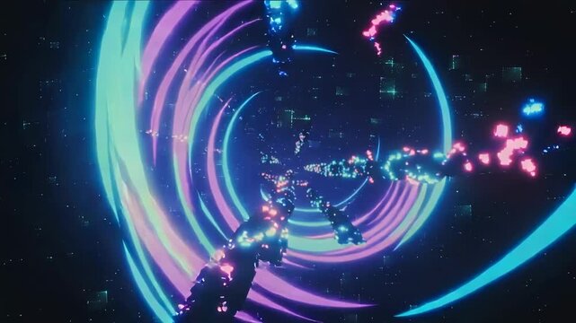Vibrant cosmic pathways illuminate an evolving digital realm with shimmering neon light trails