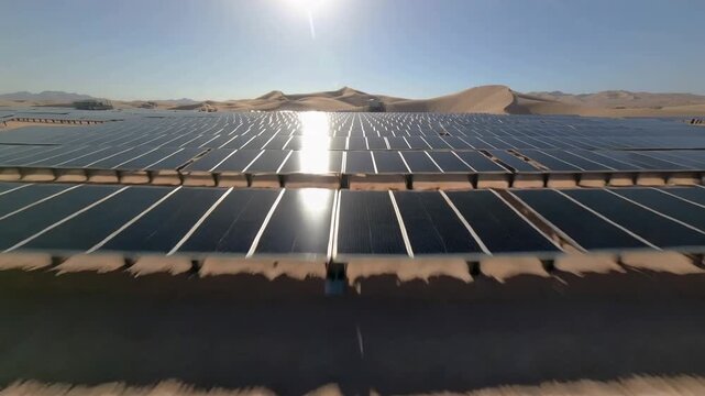 Sun kissed desert horizon embraces an expansive solar farm, where countless panels beautifully harness clean energy