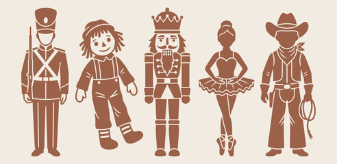 Vintage toy character silhouettes set including nutcracker and ballerina for nostalgic design © 777SKYLABS