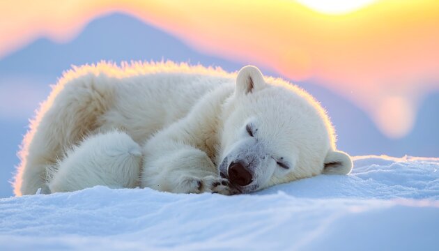 Polar bear sleeping in the snow at sunset