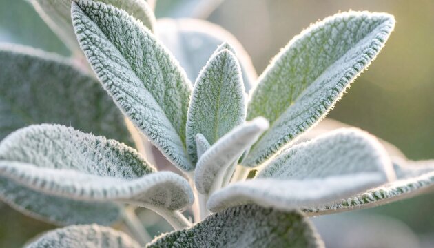 Detailed view of silver-green lambs ear plant leaves