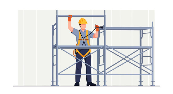Construction worker in safety harness assembling scaffolding on building site