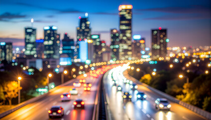Obraz premium Vibrant city highway at dusk with blurred traffic lights.