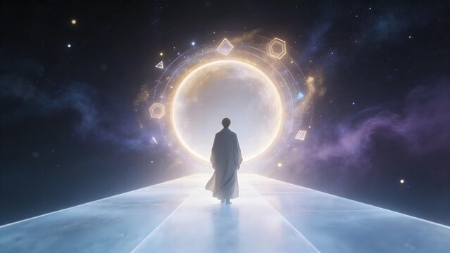 Person walking towards glowing moon