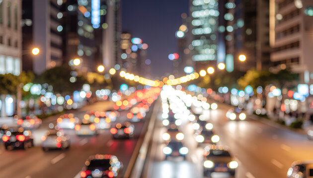 Defocused city traffic lights on busy urban boulevard at night.