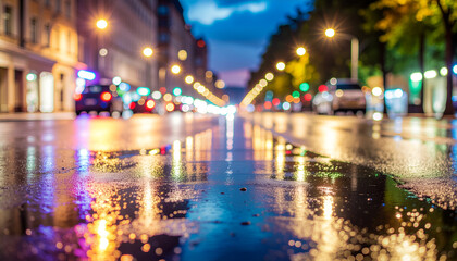 Obraz premium Rain soaked city street at night with colorful bokeh reflections.