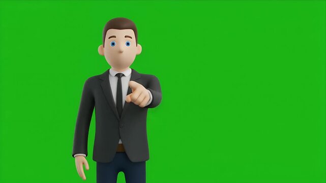 Businessman in suit pointing at camera on green screen.