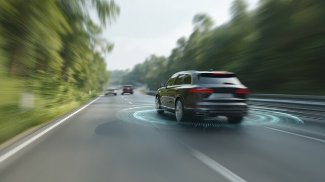 Autonomous suv driving with advanced sensor technology on a highway in motion blur