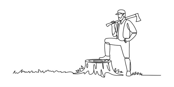 Lumberjack standing with axe on a tree stump