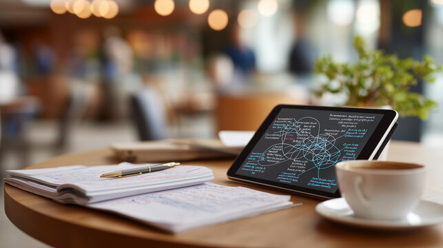 Overhead flat lay of a tablet showing a database schema a notebook with neural network sketches pen and coffee cup on a clean bright desk with softly defocused paperwork data