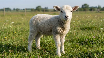 Fototapeta premium A cute white lamb stands with a fluffy coat and soft ears in the bright sunlight.
