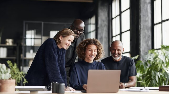 Diverse team collaborating with laptops in modern office environment