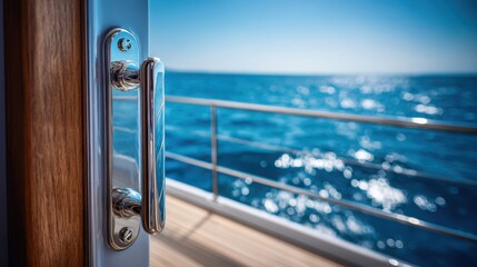 Fototapeta premium Open Cabin Door Revealing Luxury Yacht Deck and Expansive Ocean Horizon