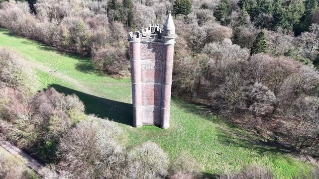 Alfred's Tower folly Somerset, England Panning drone aerial