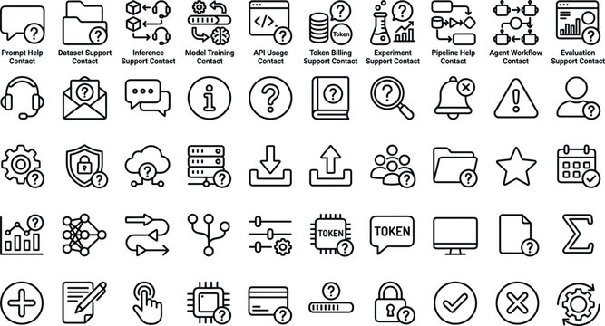 AI developer support line icon set with dataset inference API token pipeline workflow evaluation editable outline vector collection