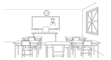 Fototapeta premium Empty Classroom Interior Outline Vector Illustration