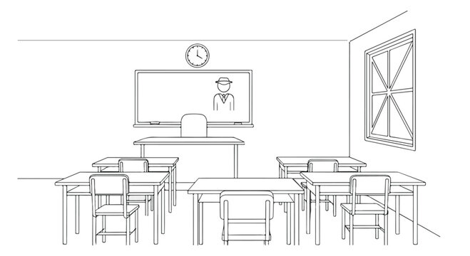 Empty Classroom Interior Outline Vector Illustration