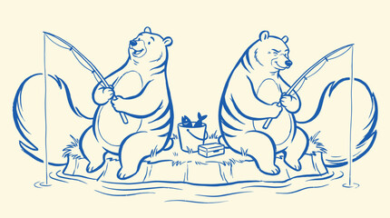 Naklejka premium Anthropomorphic bears fishing on an ice floe for winter recreation and wildlife storytelling concepts
