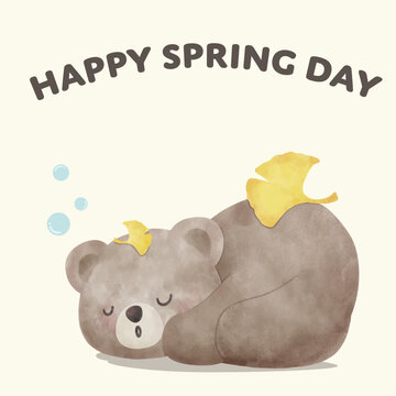 Spring Bear Coquette Joyful Sleep and Ginko leaf in Spring Garden Nature Theme illustration