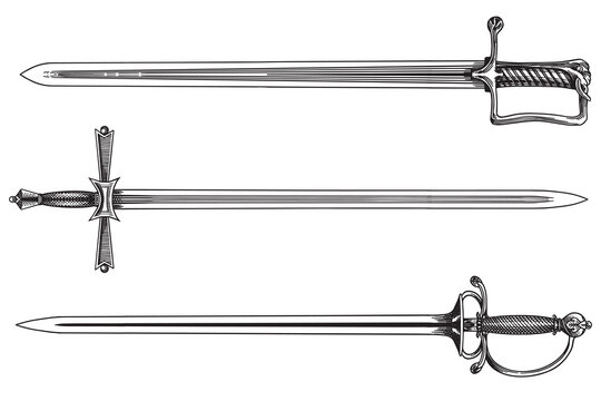Collection of original medieval and victorian 19 century swords, blades and saber. Hand drawn engraving in traditional linear ink style.