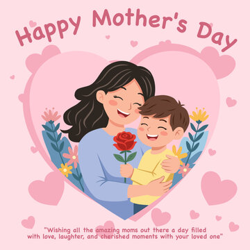 happy Illustration of a Mother's Day greeting card. A mother hugging her child holding a rose, with a love and flower background. Perfect for a greeting card.