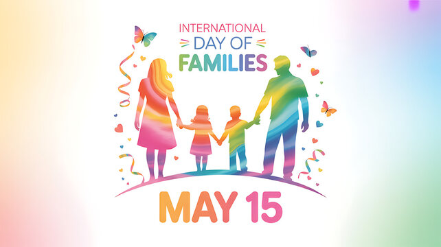 Modern international day of families poster with colorful silhouette parents and children illustration design