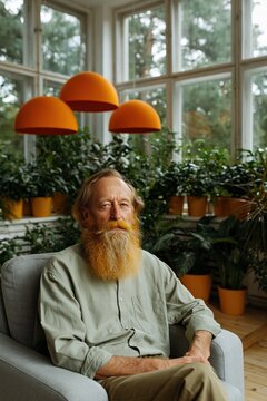 Elderly bearded man sitting in plant filled room with large windows