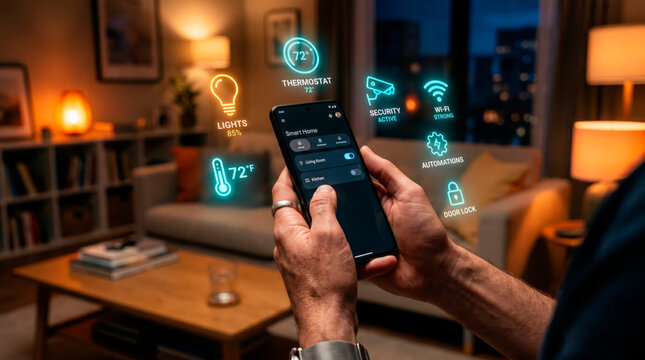 Person controls smart home devices through a phone app with holographic interface