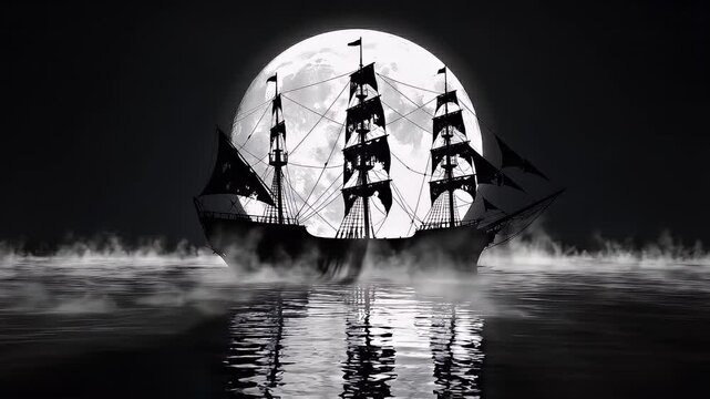 Pirate ship sailing under full moon.