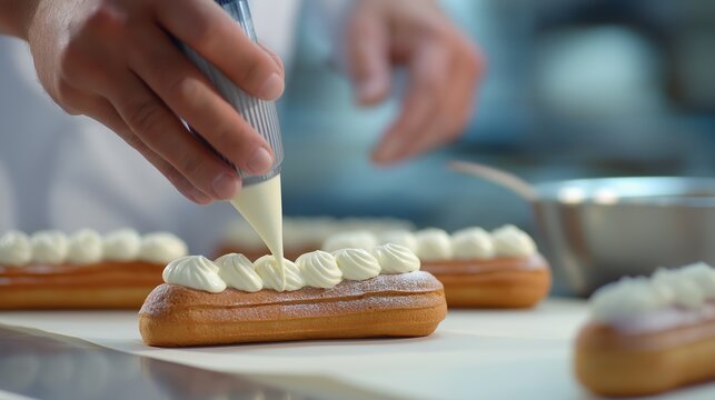 Pastry chef squeezing cream on eclair with piping bag. Baker decorating fresh baked dessert in professional kitchen. Culinary art, food preparation and confectionery creation process.